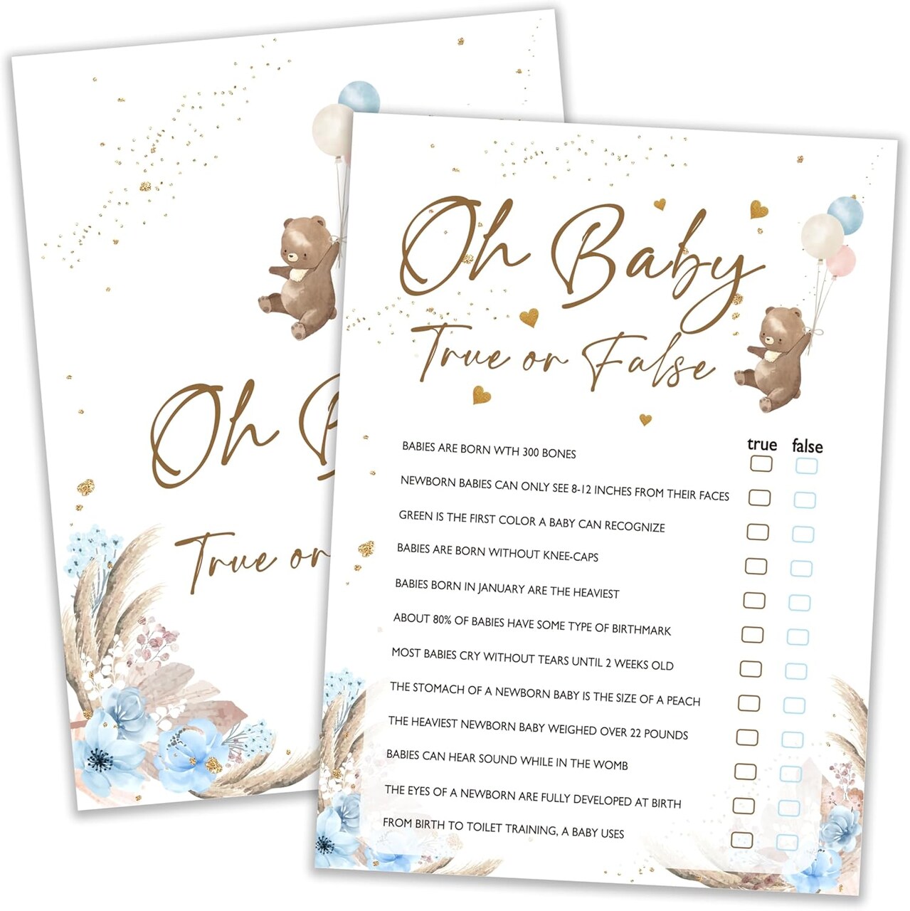 Baby Shower Games, Oh Baby True Or False, Bear Themed Blue Party Games for 25 Players, Gender Neutral